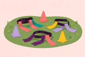 Fabric flag belts and soft cones on a grass field