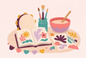 A songbook, a tambourine, paintbrushes, a collage and a mixing bowl on a table