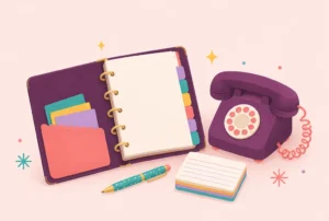 An open tabbed binder beside a desk phone, a pen and index cards