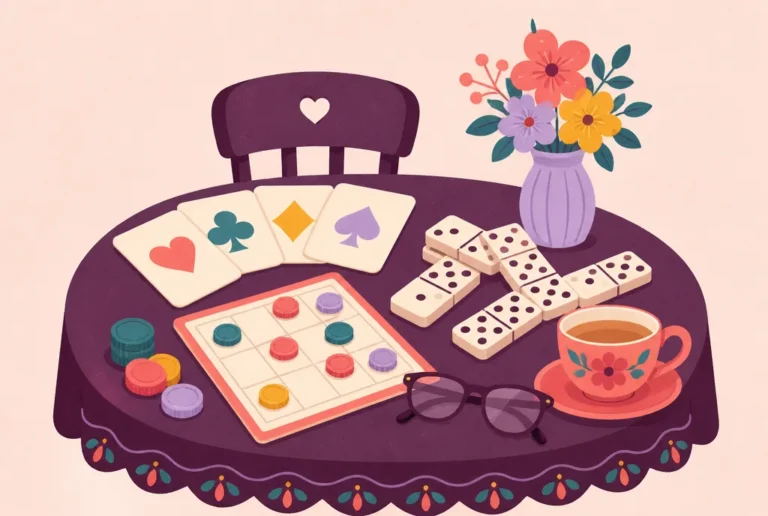 An activity table with large-print cards, oversized dominoes, a bingo card with chips, reading glasses and a teacup