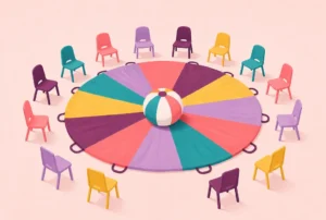 A colorful play parachute spread inside a circle of chairs, with a beach ball in the middle