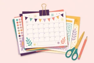Printed activity calendar pages and large-print game sheets held with a binder clip