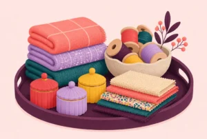 A tray of folded towels, wooden spools, fabric swatches and small lidded scent jars