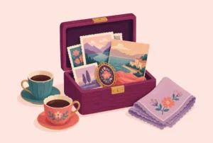 A wooden memory box of old photos, a postcard, a brooch and a handkerchief beside two cups of coffee