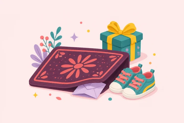 Paper treasure hunt clue card tucked under a doormat next to small sneakers and a ribboned treasure box