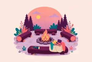 A small campfire ringed by log benches at dusk, with a flashlight and a bag of costume props
