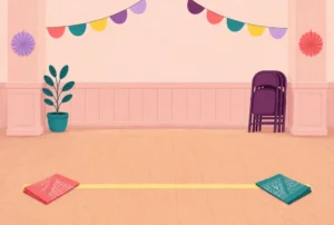A hall floor with a taped center line, two folded bandanas and stacked folding chairs