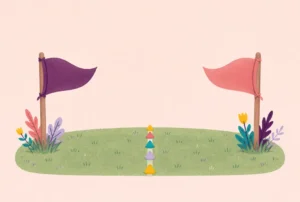 Two cloth flags on poles at either end of a grassy field with cones along the center line