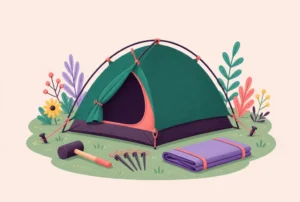 A half-pitched dome tent on grass with stakes, a mallet and a folded tarp