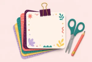 A stack of printed game cards held with a binder clip, beside scissors and a pencil
