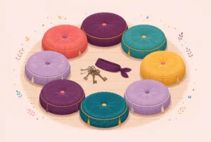 A ring of floor cushions around a ring of keys and a folded blindfold