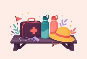 A first aid kit, water bottles, a sun hat and a whistle on a camp bench