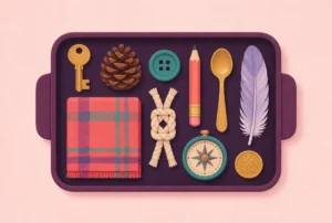 A tray of small objects for Kim's Game beside a square knot and a compass