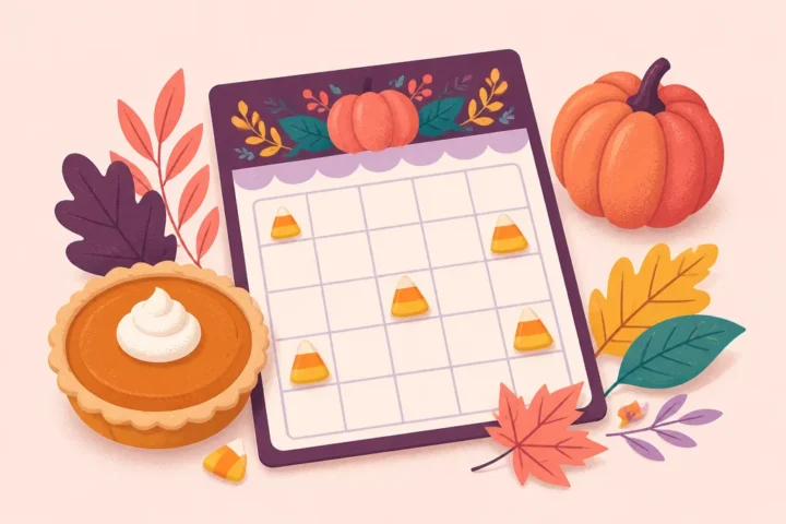 Thanksgiving bingo card with candy corn markers beside a small pumpkin and autumn leaves on a table