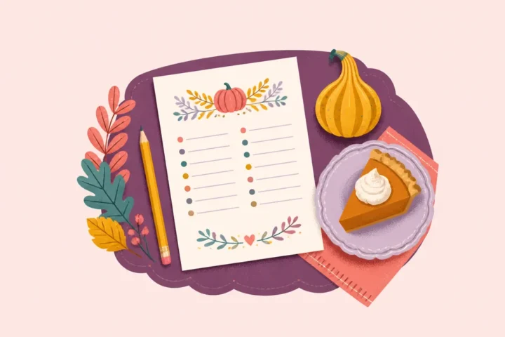 Printed Thanksgiving trivia quiz on a table beside a pencil, a slice of pumpkin pie and a small gourd