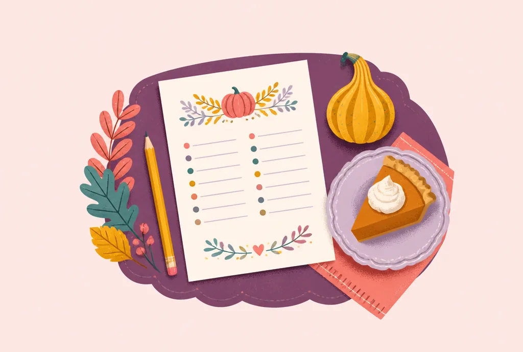 Printed Thanksgiving trivia quiz on a table beside a pencil, a slice of pumpkin pie and a small gourd