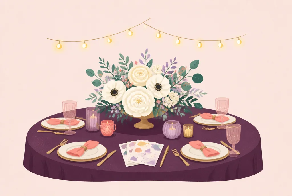 Wedding reception table with a white floral centerpiece, place settings and printed game cards under string lights