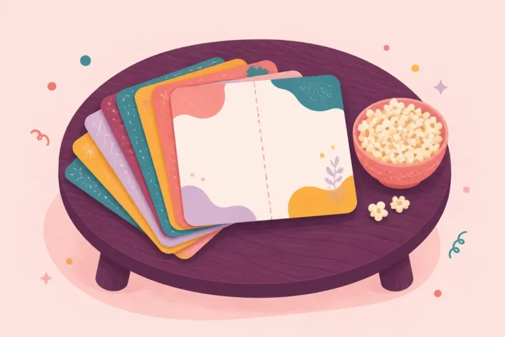 Would You Rather Questions (300 Good, Funny & Hard) Stack of printable this-or-that question cards fanned out on a coffee table next to a bowl of popcorn