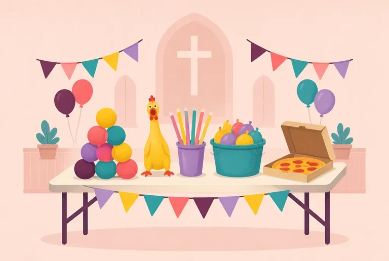A fellowship hall table set for youth night with foam balls, a rubber chicken, glow sticks, water balloons and a pizza box