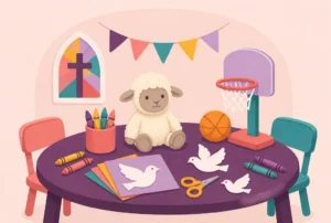 A classroom table with a toy sheep, paper doves, crayons and a small basketball hoop