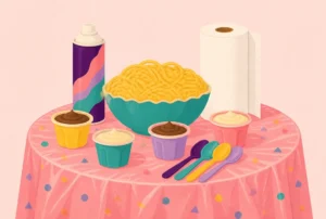 A plastic tablecloth with shaving cream, spaghetti, pudding cups and paper towels