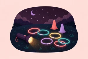 Glow-stick bracelets, a flashlight and cones on a dark field