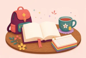 An open book beside a small backpack, index cards and a cup of tea