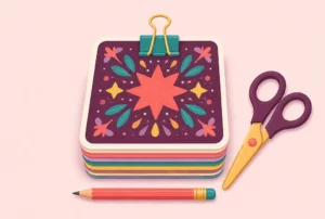 A stack of printed game cards held with a binder clip, beside scissors and a pencil