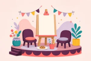 A small stage with two chairs, a drawing easel, a cookie on a plate and straws