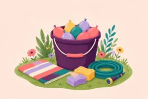 A bucket of water balloons, sponges, a towel and a garden hose on a lawn
